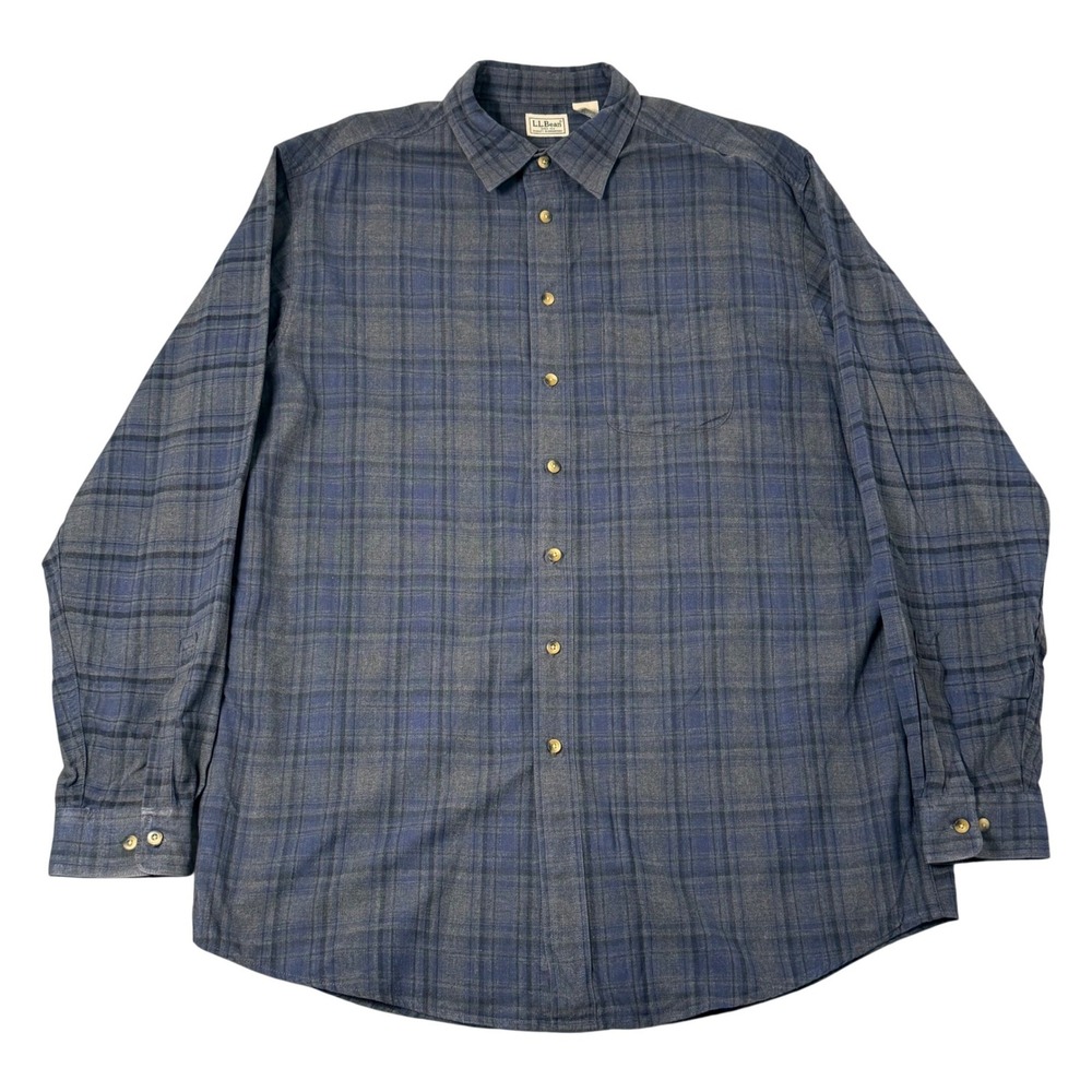 LL Bean Flannel Men XL Tall Blue Grey Plaid Button Up Shirt Gorp Cabin Outdoor
